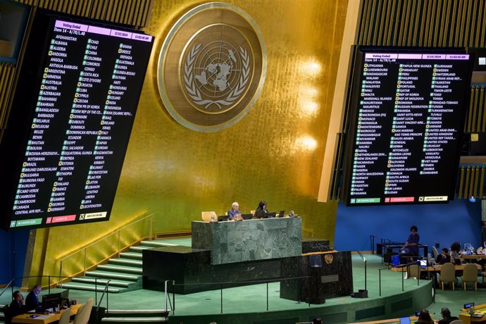 UNITED NATIONS, March 15, 2024  -- Voting results are displayed during a vote of the General Assembly at the UN headquarters in New York, on March 15, 2024. The General Assembly on Friday adopted a resolution on measures to combat Islamaphobia.