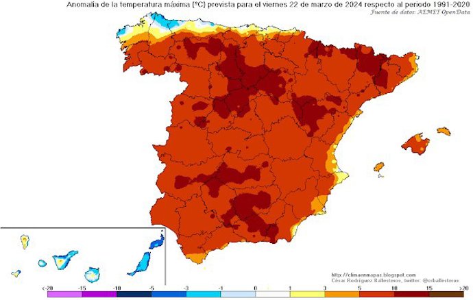 Mapa elaborado por la Aemet sobre las máximas previstas este viernes en Valladolid