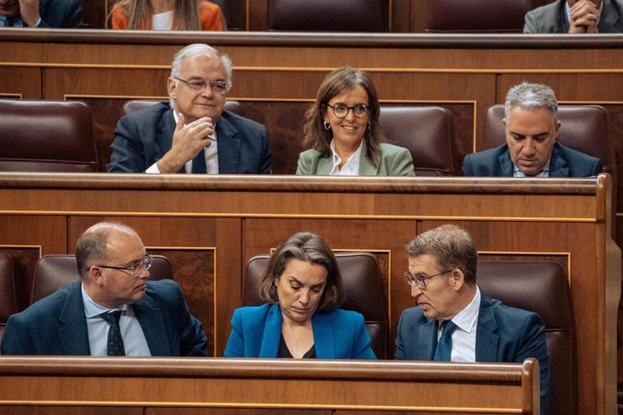 Fila abajo (I-D) El portavoz del PP en el Congreso, Miguel Tellado; la secretaria general del PP, Cuca Gamarra, y el presidente del PP, Alberto Núñez Feijóo, durante una sesión de control al Gobierno, en el Congreso de los Diputados, a 20 de marzo de 20