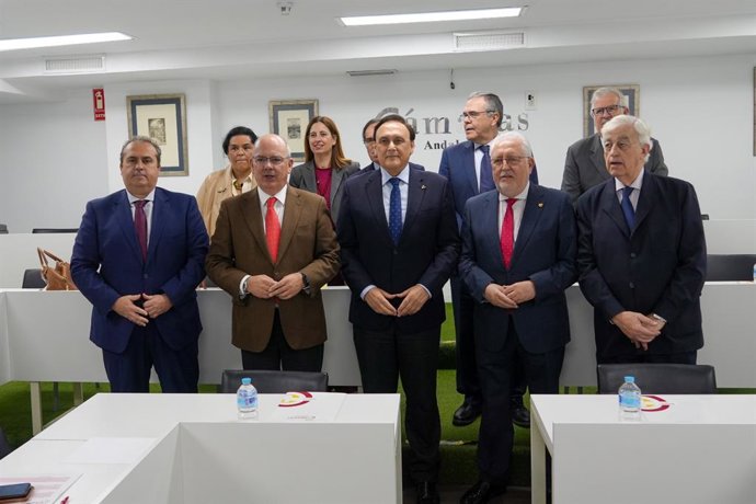 El consejero de Universidad, José Carlos Gómez Villamandos, con el Consejo Andaluz de Cámaras de Comercio.