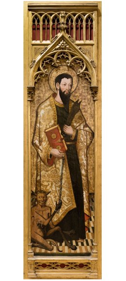 Pintura sobre tabla de San Bartolomé de cuerpo entero del siglo XVI.