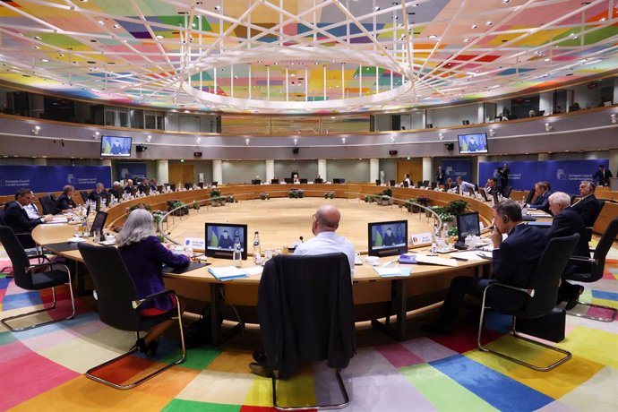 HANDOUT - 21 March 2024, Belgium, Brussels: Ukrainian President Volodymyr Zelensky speaks via a videoconference during the EU summit in Brussels. Photo: Dario Pignatelli/European Council/dpa - ATTENTION: editorial use only and only if the credit mentioned