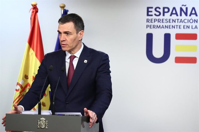 El presidente del Gobierno, Pedro Sánchez, en rueda de prensa al término del Consejo Europeo en Bruselas