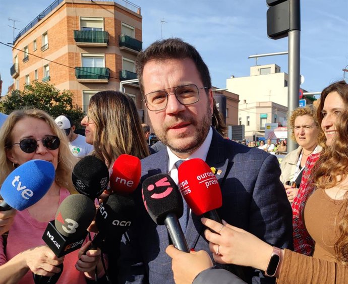 El presidente de la Generalitat, Pere Aragonès, en declaraciones en Viladecans