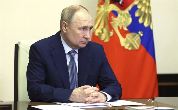 March 22, 2024, Novo-Ogaryovo, Moscow Oblast, Russia: Russian President Vladimir Putin chairs a meeting with members of the Security Council via videoconference from the Novo-Ogaryovo state residence, March 22, 2024 in Novo-Ogaryovo, Moscow Oblast, Russia