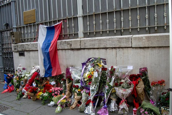 March 23, 2024, Rome, Italy, Italy: Many flowers were laid in front of the Russian embassy in Rome to pay homage to the victims of the terrorist attack on Crocus City Hall - the largest concert hall in Moscow - in which 143 people lost their lives.