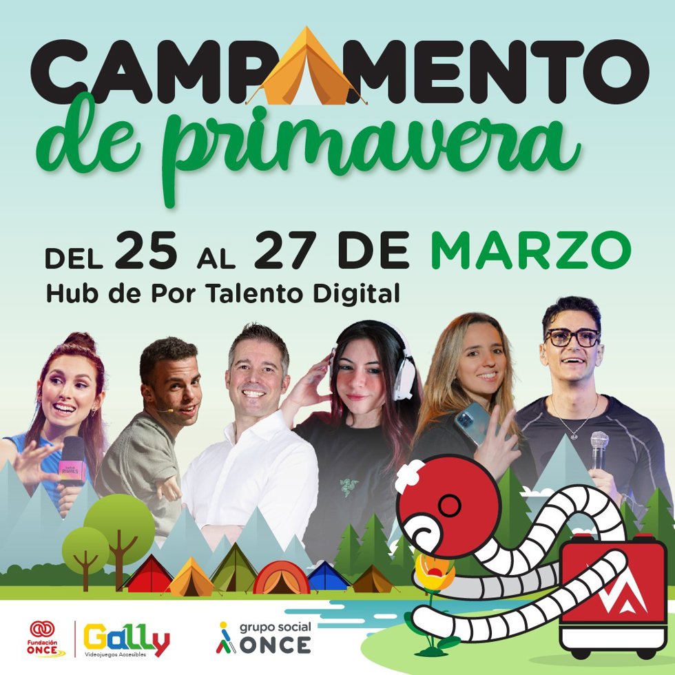 Cartel del Campamento de Primavera de videojuegos accesibles de la Fundación ONCE.