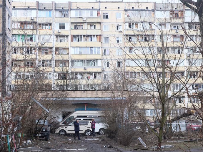 KIEV, March 21, 2024  -- This photo taken on March 21, 2024 shows a building damaged in a missile attack in Kiev, Ukraine. At least 13 people were injured on Thursday in Russia's missile attack on the Ukrainian capital, the Kiev City Military Administrati