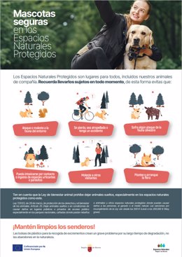 Cartel de Mascotas Seguras en los Espacios Naturales Protegidos.
