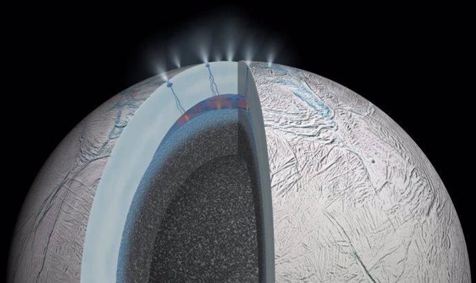 La interpretación artística de Encélado, la luna de Saturno, muestra la actividad hidrotermal en el fondo marino y grietas en la corteza helada de la luna que permiten que el material del interior acuoso sea expulsado al espacio.