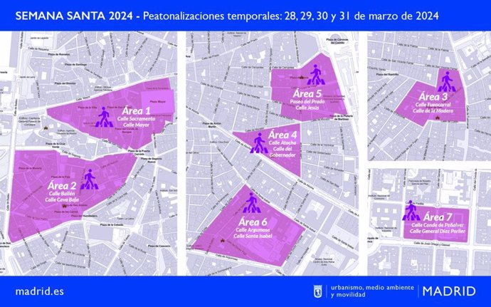 Peatonalizaciones de calles temporales en Madrid con motivo de la Semana Santa 2024