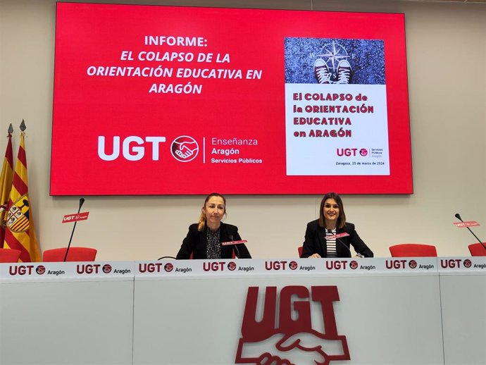 La secretaria de Educación de UGT Aragón Servicios Públicos, Medea Gracia, en rueda de prensa