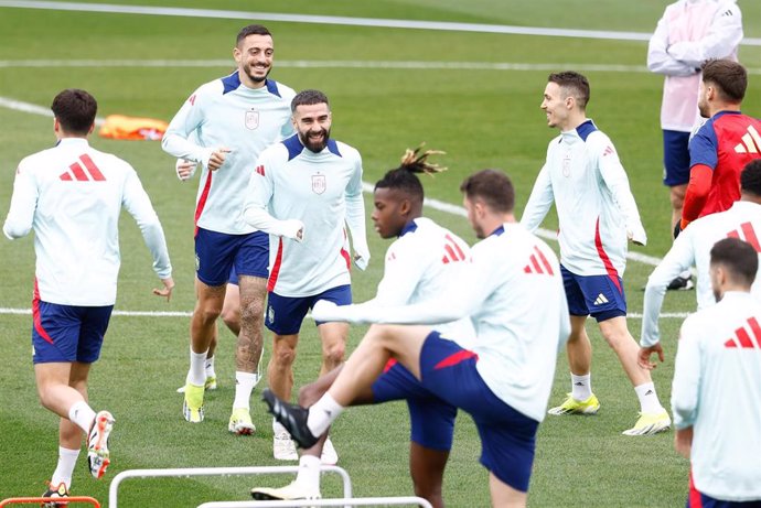 Dani Carvajal and Joselu Mato during the training session of Spain Team prior the friendly match against Brazil at Ciudad del Futbol of RFEF on March 25, 2024, in Las Rozas, Madrid.