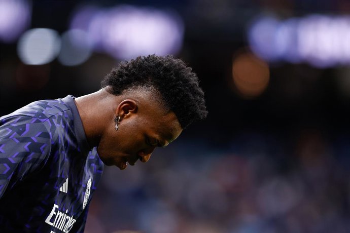 Vinicius Junior of Real Madrid looks down during the Spanish League, LaLiga EA Sports, football match played between Real Madrid and RC Celta de Vigo at Santiago Bernabeu stadium on March 10, 2024, in Madrid, Spain.