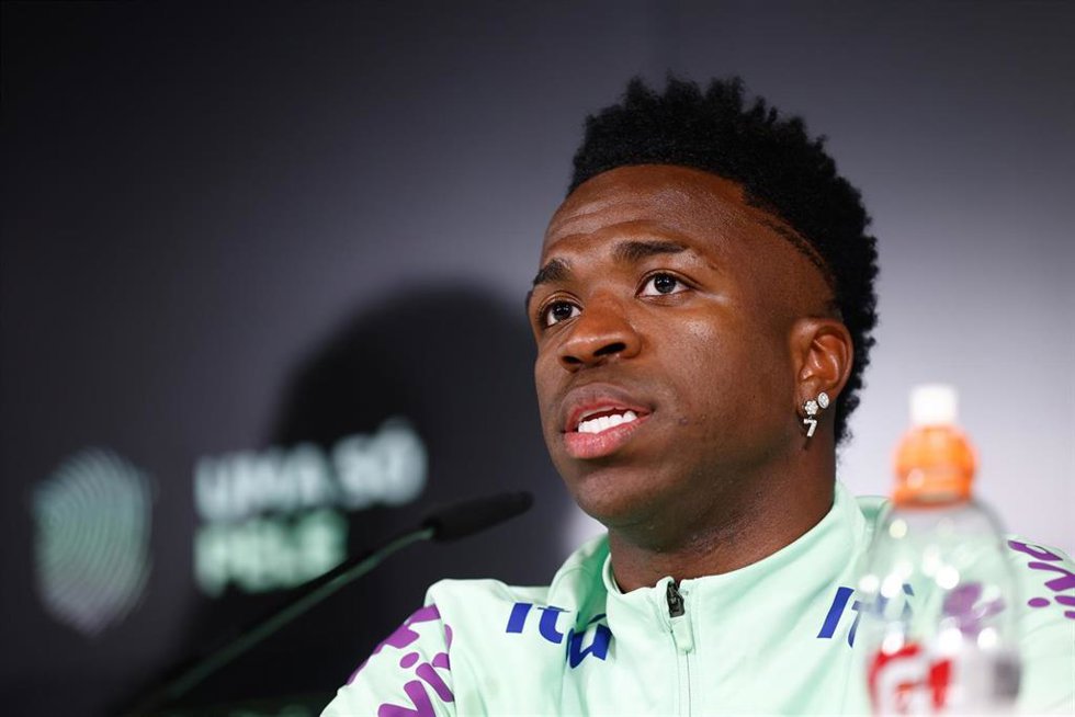El jugador brasileño Vinícius Júnior, en rueda de prensa.