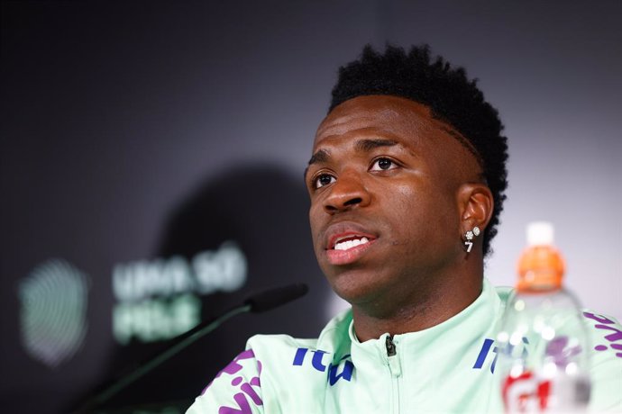 Vinicius Junior attends his press conference during the training session of Brazil Team prior the friendly match against Spain at Ciudad Deportiva Real Madrid on March 25, 2024, in Valdebebas, Madrid, Spain.