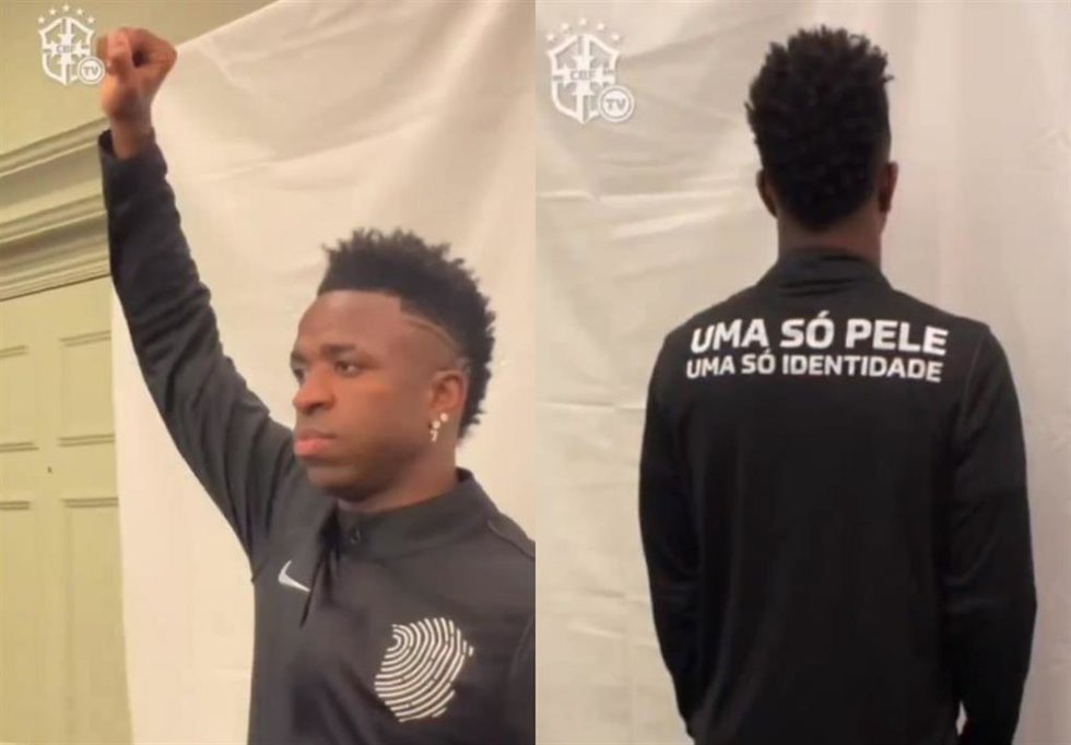 Vinícius con la sudadera negra de Brasil con el lema 'Una sola piel, una sola identidad'