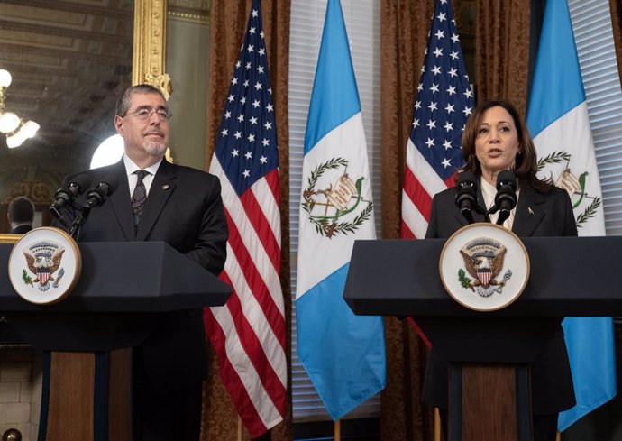 March 25, 2024, Washington, District Of Columbia, USA: United States Vice President Kamala Harris makes a statement beside President Bernardo Arévalo of Guatemala in the in the Vice President's Ceremonial Office in the Eisenhower Executive Office Building