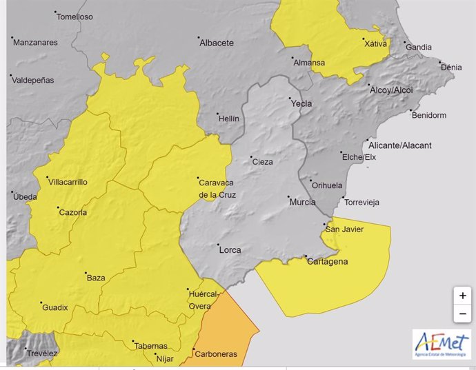 Mapa que refleja los avisos activos en la Región de Murcia