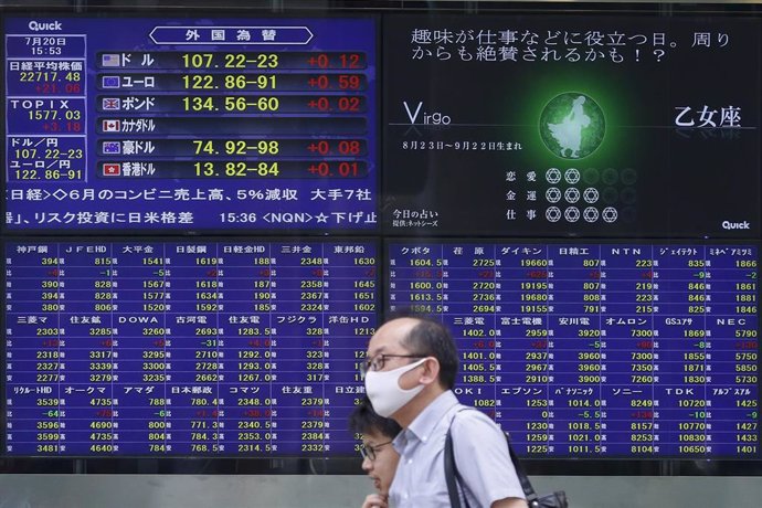 Archivo - 20 July 2020, Japan, Tokyo: Pedestrians walk past an electronic stock board showing Japan's Nikkei Stock Average, which rose 21.06 points or 0.093 percent to close at 22,717.48. Photo: Rodrigo Reyes Marin/ZUMA Wire/dpa