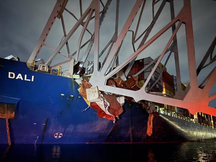 March 26, 2024, Baltimore, Maryland, USA: A close up view captured immediately after the Dali cargo vessel crashed into the Francis Scott Key Bridge in Baltimore, taken by Baltimore City Fire Rescue 1 during search and rescue operations. Six people are un