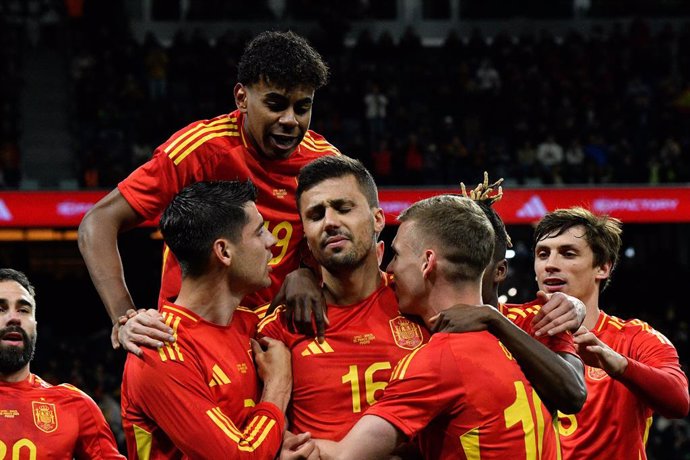 Rodri Hernandez of Spain celebrates a goal during the international friendly football match played between Spain and Brazil at Santiago Bernabeu stadium on March 26, 2024, in Madrid, Spain.