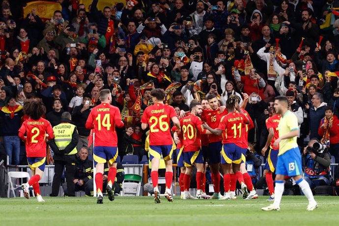 Rodri Hernandez of Spain celebrates a goal during the international friendly football match played between Spain and Brazil at Santiago Bernabeu stadium on March 26, 2024, in Madrid, Spain.