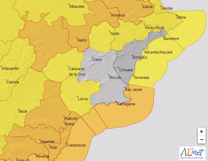 Mapa que muestra las avisos activos este miércoles en la Región