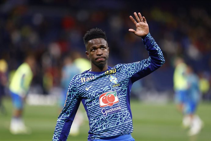Vinicius Junior of Brazil saludates to the fans during the international friendly football match played between Spain and Brazil at Santiago Bernabeu stadium on March 26, 2024, in Madrid, Spain.