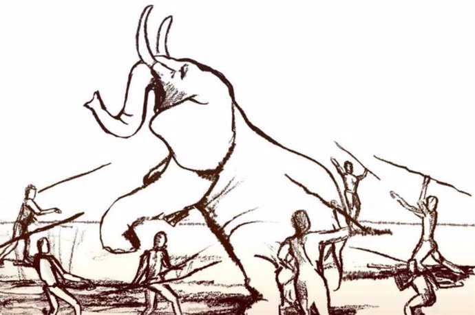 Ilustración de la caza de elefantes con lanzas.