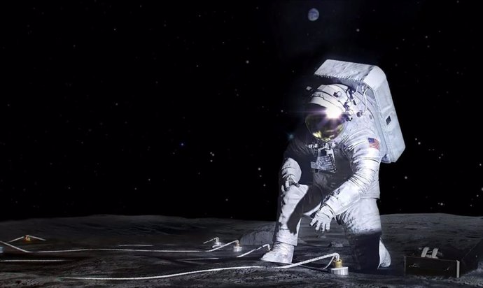Concepto artístico de un astronauta de Artemis desplegando un instrumento en la superficie lunar.