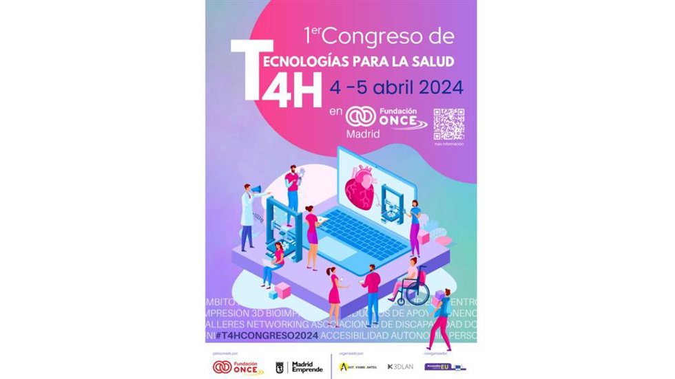 Cartel del I Congreso Nacional Tech for Health: tecnología e impresión 3D al servicio de la salud y las personas con discapacidad, que se celebrará l 4 y 5 de abril en la sede de Madrid de la Fundación ONCE