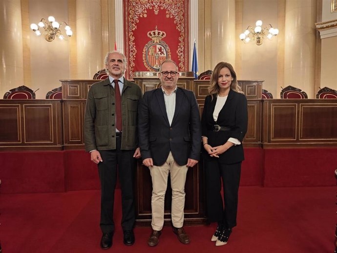 El presidente del Colegio de Médicos de Melilla, Justo Sancho-Miñano, junto a los senadores del PP Isabel Moreno y Enrique Ruiz Escudero