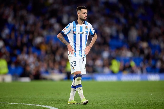 Brais Mendez of Real Sociedad looks on during the LaLiga EA Sports match between Real Sociedad and Cadiz CF at Reale Arena on March 15, 2024, in San Sebastian, Spain.