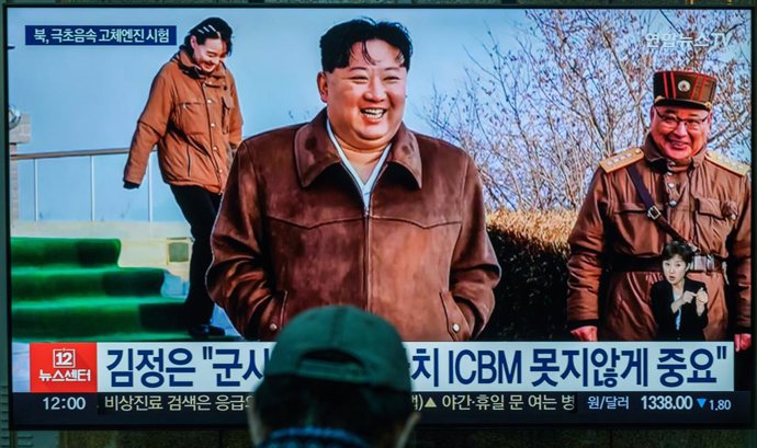 March 20, 2024, Seoul, South Korea: South Korea's 24-hour YonhapnewsTV shows North Korean leader Kim Jong Un (C) smiling after overseeing a ground jet test of a solid-fuel engine for a new-type intermediate hypersonic missile by the North Korea's Missile 