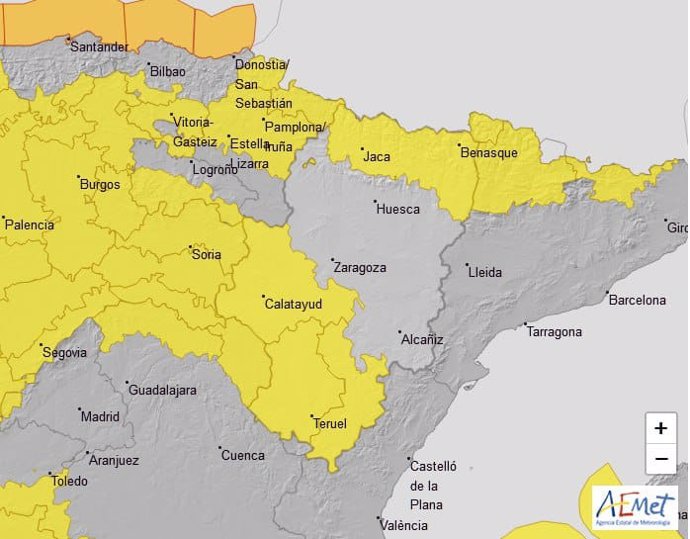 Alerta amarilla por lluvias en el Pirineo oscense y vientos que también afectan a las provincias de Teruel y Zaragoza
