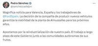 Sánchez celebra la decisión de Ford de fabricar un nuevo vehículo en Almussafes