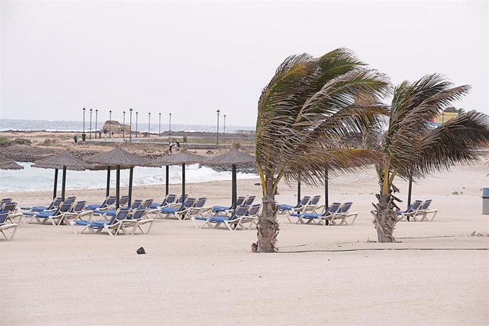Archivo - Vista de una playa de Fuerteventura con viento, a 27 de diciembre de 2022, en Fuerteventura, Las Palmas, Islas Canarias (España). El viento de hoy ha causado más de 125 incidentes, como caídas de ramas de árboles, palmeras, postes de luz o adorn