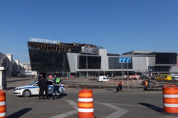 MOSCOW, March 28, 2024  -- This photo taken on March 28, 2024 shows the Crocus City Hall concert venue in suburban Moscow, Russia. The death toll from Friday's terrorist attack has risen to 143 after gunmen stormed a concert hall in suburban Moscow, accor
