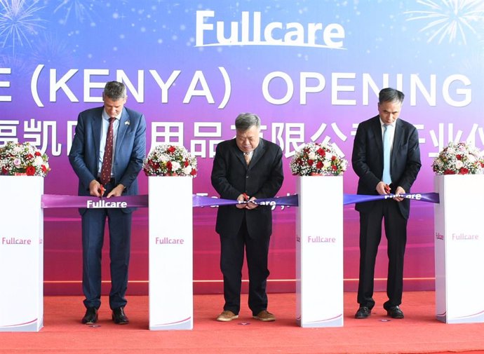 FullCare's new medical garment facility at Tatu City was inaugurated at a ribbon-cutting ceremony graced by China Embassy Minister  Counsellor Mr. Zhang (centre); Founder of FullCare Medical, Lu Jianguo (right); and Rendeavour Founder & CEO Stephen Jennin