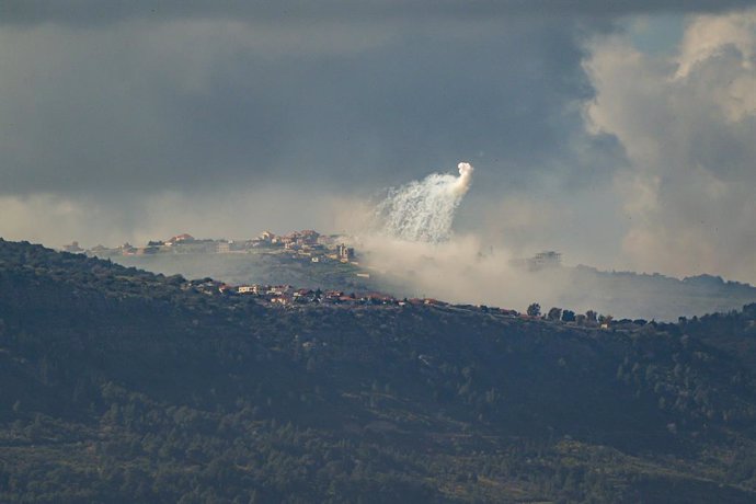 ISRAEL-LEBANON BORDER, March 4, 2024  -- Smoke rises from the Lebanese village of Markaba as a result of Israeli shelling in southern Lebanon, next to the border with Israel, on March 4, 2024. An Indian national was killed and seven others injured in nort