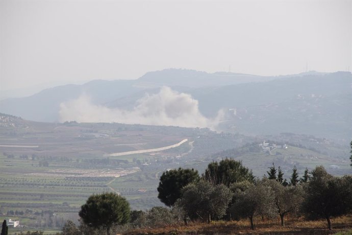 BAALBEK, March 27, 2024  -- Smoke caused by an Israeli strike is seen in Baalbek, Lebanon, on March 26, 2024. Two Hezbollah fighters were killed and three civilians were injured Tuesday in Israeli air strikes on Hezbollah sites near Lebanon's northeastern
