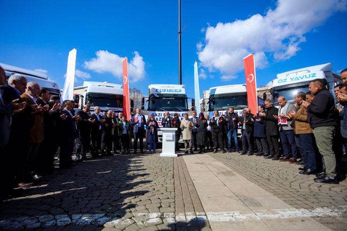 March 10, 2024, Gaziantep, Turkiye: Gaziantep, Turkiye. 10 March 2024. A convoy of five trucks full of humanitarian aid is prepared in the southern Turkish city of Gaziantep and ready to leave for Gaza. The event was attended by the Governor of Gaziantep,