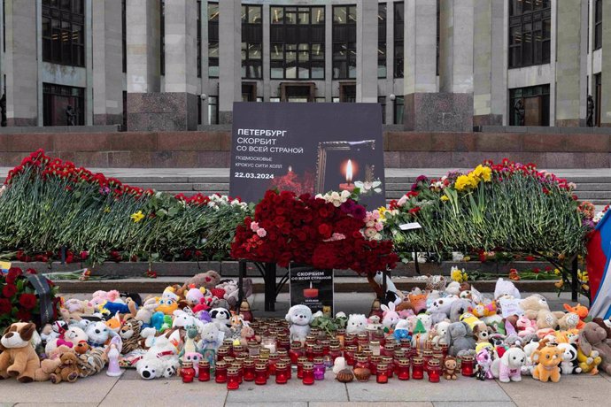March 24, 2024, St. Petersburg, Russia: A view of the makeshift memorial to the victims of the terrorist attack at the ''Crocus City Hall'' concert venue in the Moscow region. In Russia, March 24 is a national day of mourning for the victims of the terror