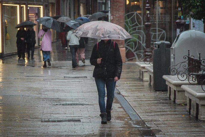 Archivo - Varias personas se protegen de la lluvia bajo sus paraguas.