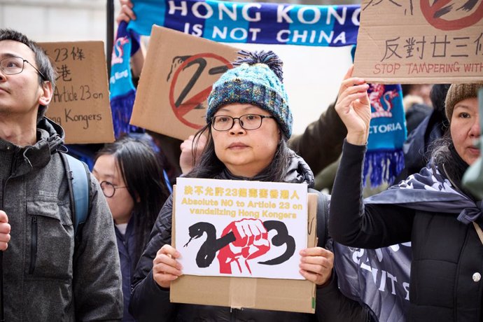 March 23, 2024, London, England, United Kingdom: Hundreds gathered at the Foreign, Commonwealth and development office to protest against Hong Kong's ''draconian new national security law.'' Protestors fear that the law will restrict their freedom whilst 