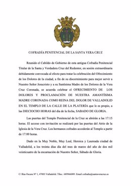 Decisión del Cabildo de Gobierno de la Cofradía.