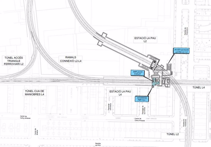 Plànol de l'estació de la Pau de l'L4 del metro de Barcelona