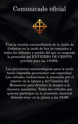 Comunicado de la Cofradía del Santo Entierro anunciando la cancelación de la procesión.