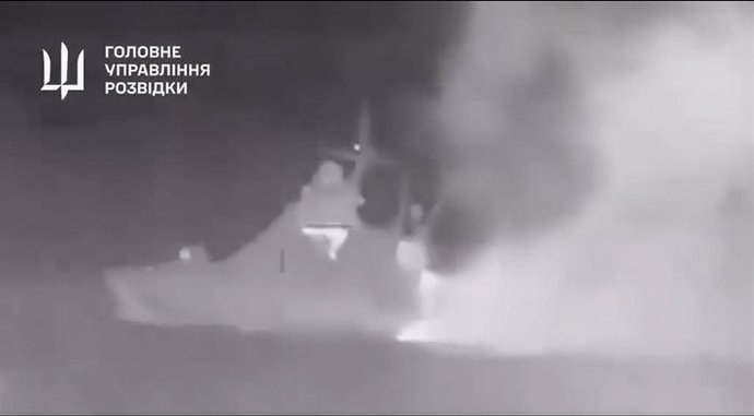 Imagen de archivo del Ministerio de Defensa ucraniano sobre un ataque al buque de guerra ruso 'Sergei Kotov'